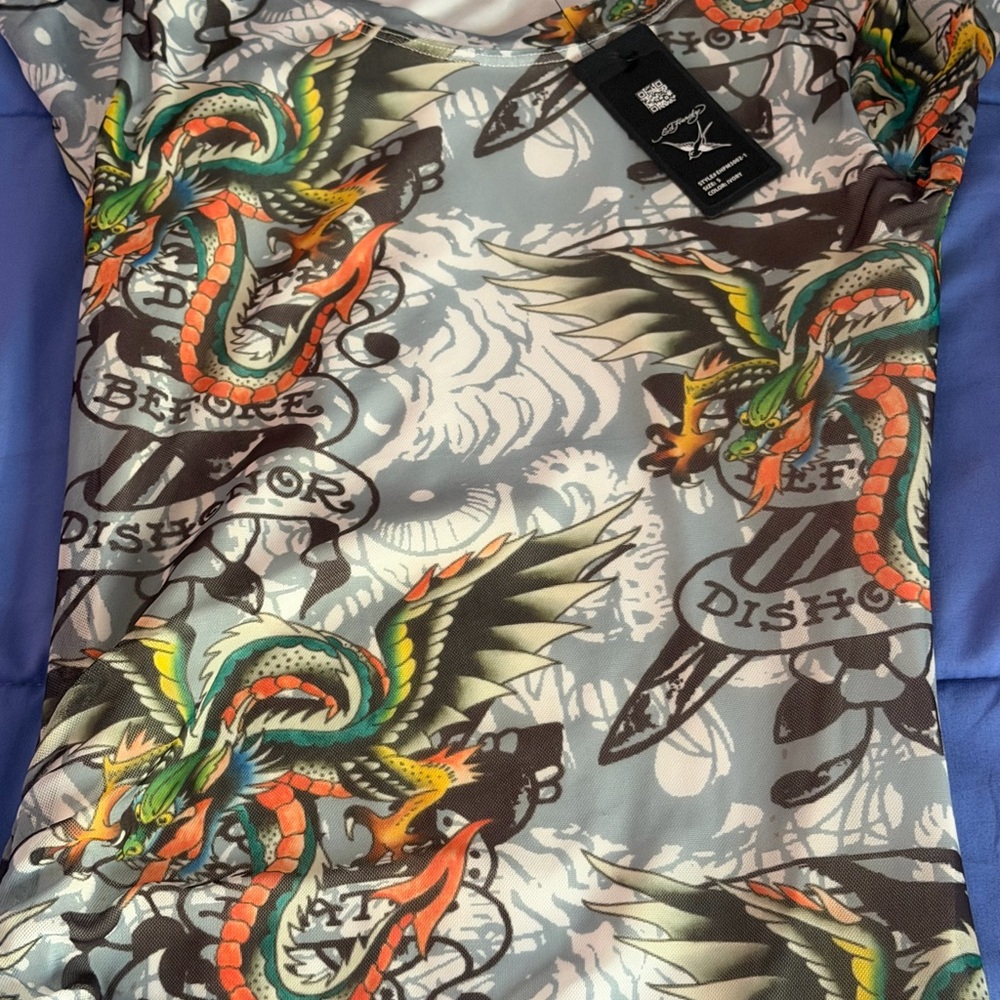 Ed Hardy Multicolor Tattoo-Print Crewneck Top - Picture 3 of 10